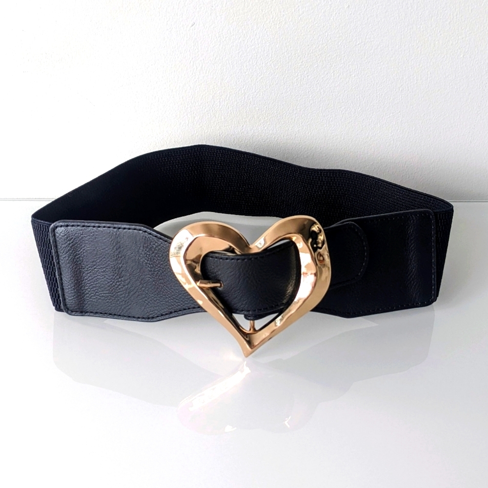 Black Elastic Waist Belt with Gold Heart Buckle